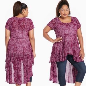 TORRID PLUS SIZE PAISLEY PRINT CHIFFON EXTREME HI-LO TOP
